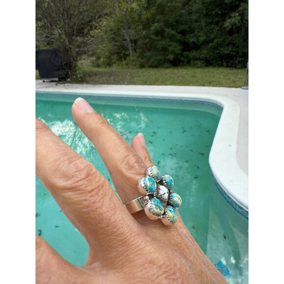 Artisan Sea Sediment Jasper Wild Horse turquoise SS 925 Statement cluster Ring - Picture 9 of 10